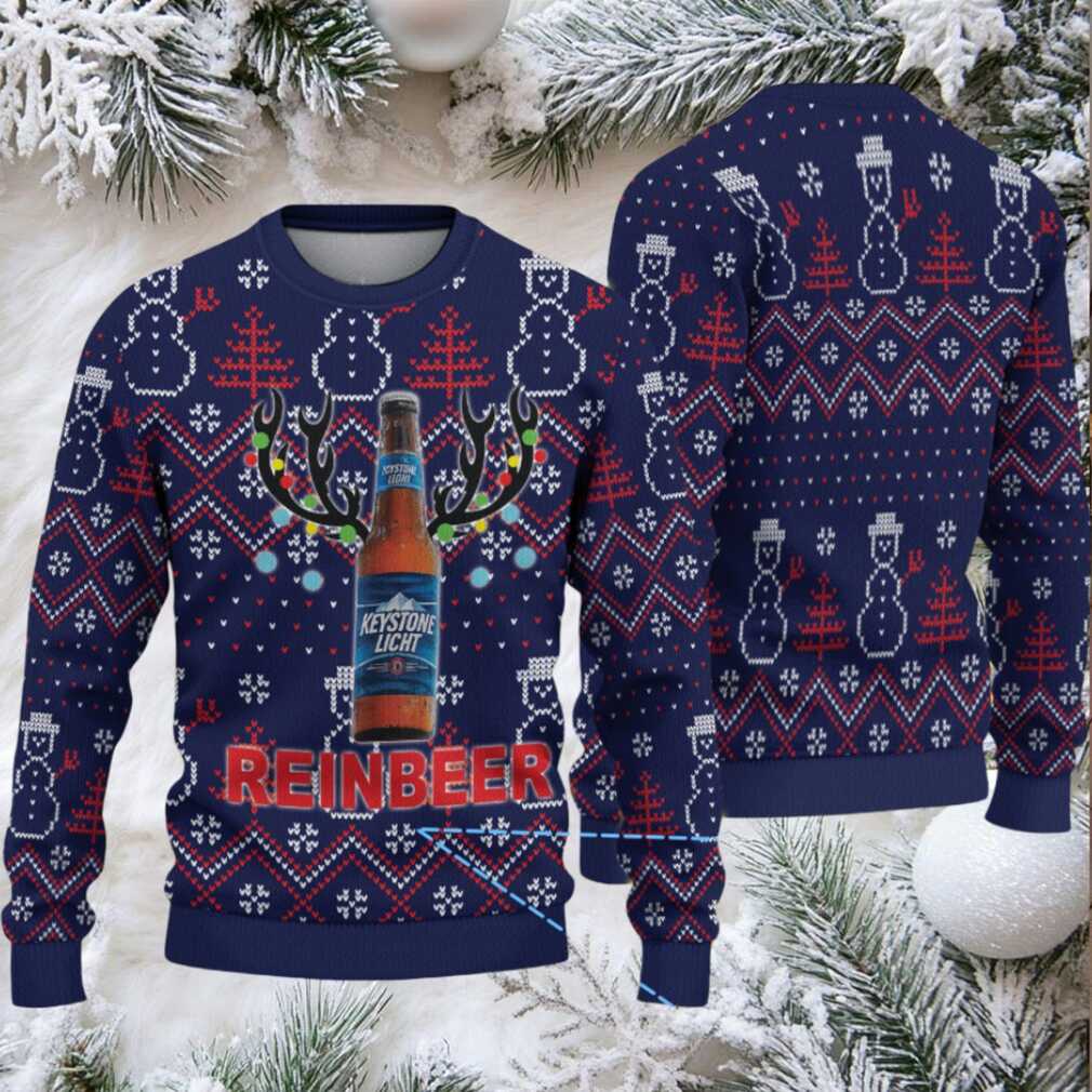 Navy Blue Snowman Pattern Keystone Light Reinbeer Ugly Christmas Sweater