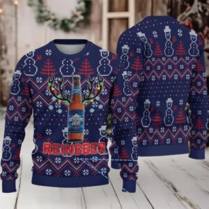 Navy Blue Snowman Pattern Keystone Light Reinbeer Ugly Christmas Sweater