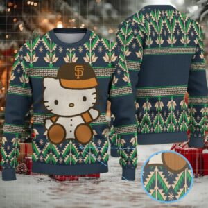 Navy Blue Ugly Christmas Sweater with Green Geometric Pattern Featuring Hello Kitty in San Francisco Giants Outfit