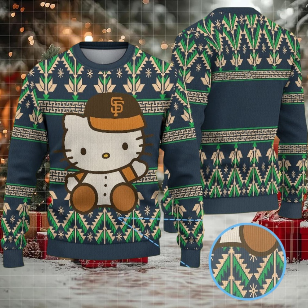 Navy Blue Ugly Christmas Sweater with Green Geometric Pattern Featuring Hello Kitty in San Francisco Giants Outfit