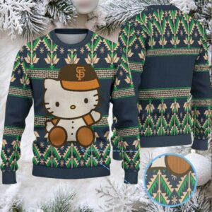 Navy Blue Ugly Christmas Sweater with Green Geometric Pattern Featuring Hello Kitty in San Francisco Giants Outfit