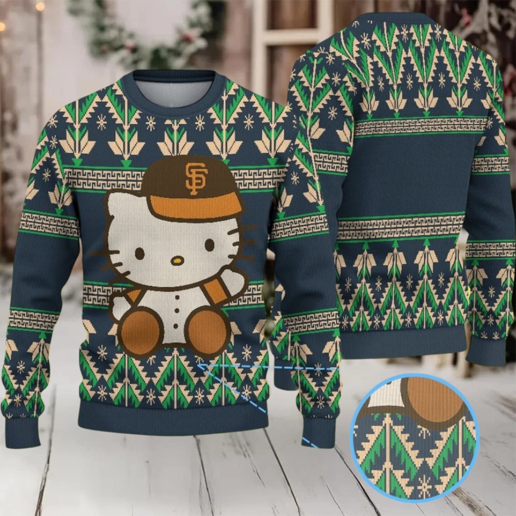 Navy Blue Ugly Christmas Sweater with Green Geometric Pattern Featuring Hello Kitty in San Francisco Giants Outfit Navy Blue Ugly Christmas Sweater with Green Geometric Pattern Featuring Hello Kitty in San Francisco Giants Outfit
