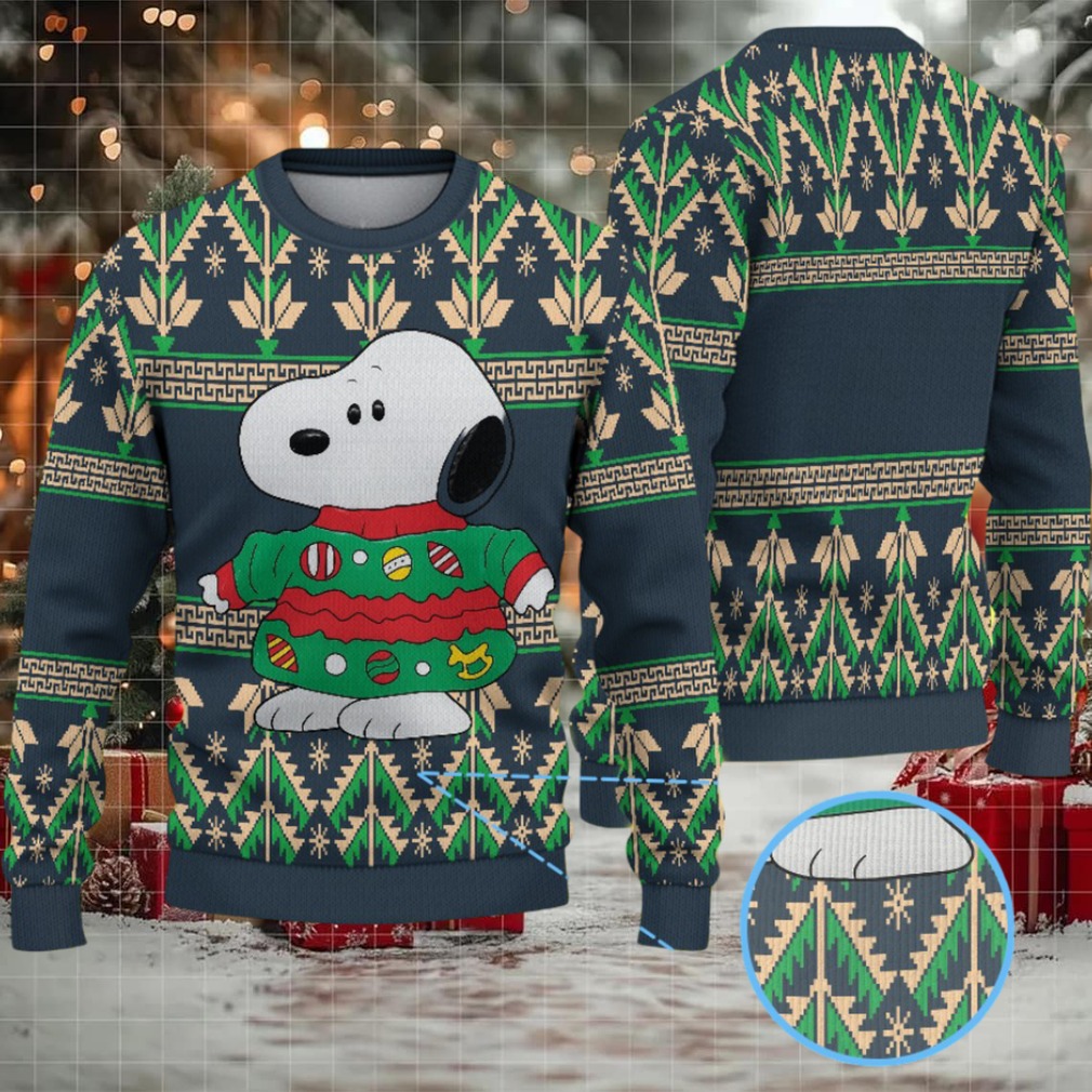 Navy Blue Ugly Christmas Sweater with Green Tree Pattern Featuring Snoopy in Festive Holiday Outfit Navy Blue Ugly Christmas Sweater with Green Tree Pattern Featuring Snoopy in Festive Holiday Outfit
