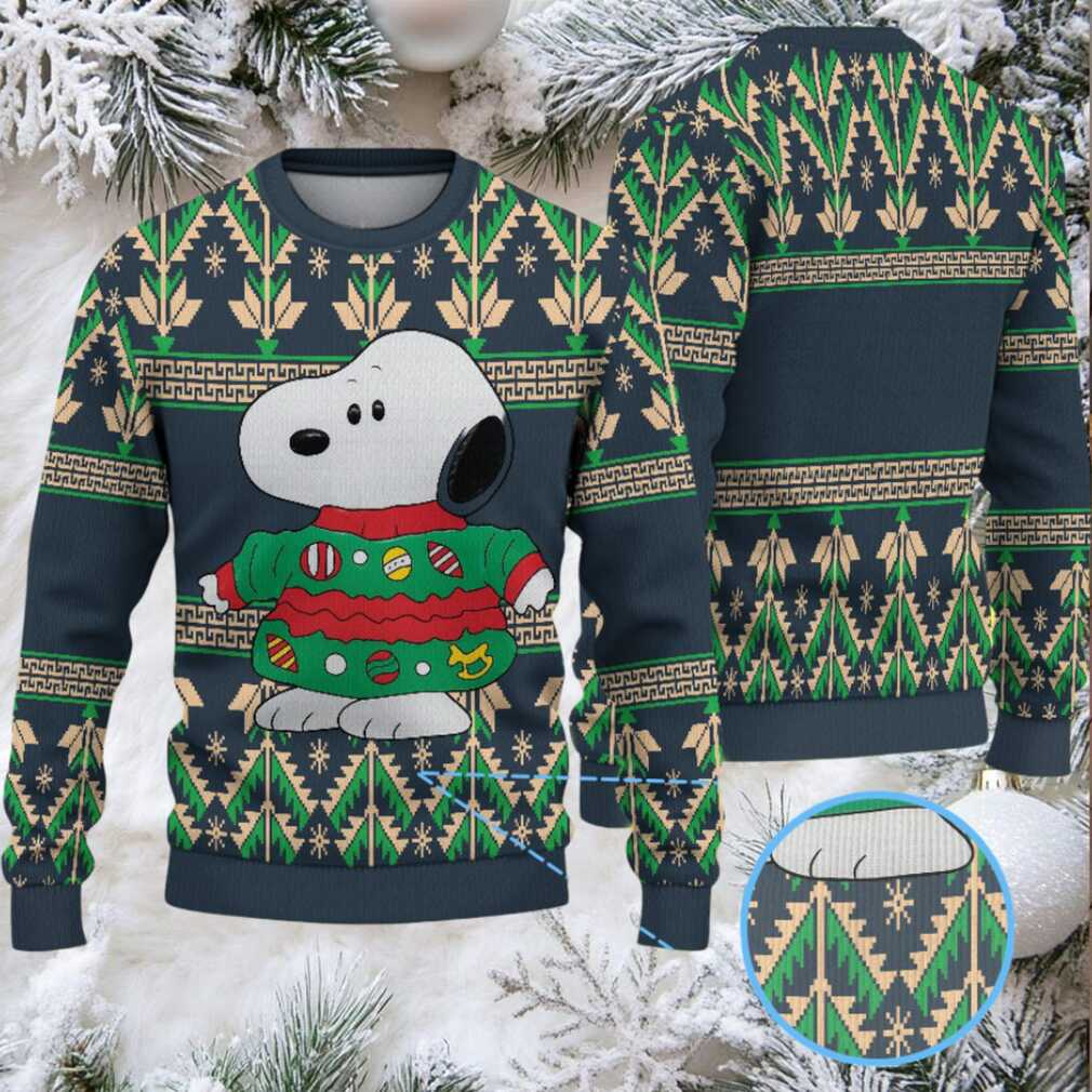 Navy Blue Ugly Christmas Sweater with Green Tree Pattern Featuring Snoopy in Festive Holiday Outfit Navy Blue Ugly Christmas Sweater with Green Tree Pattern Featuring Snoopy in Festive Holiday Outfit