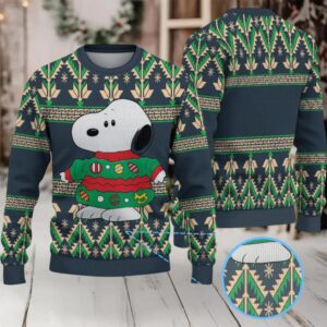 Navy Blue Ugly Christmas Sweater with Green Tree Pattern Featuring Snoopy in Festive Holiday Outfit