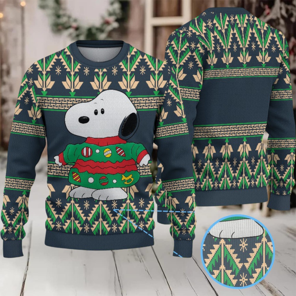 Navy Blue Ugly Christmas Sweater with Green Tree Pattern Featuring Snoopy in Festive Holiday Outfit Navy Blue Ugly Christmas Sweater with Green Tree Pattern Featuring Snoopy in Festive Holiday Outfit