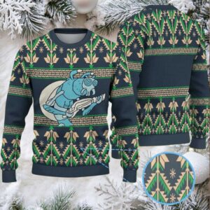 Navy Blue Ugly Christmas Sweater with Green Tree and Beige Snowflake Pattern Featuring Rick and Morty Snowball the Dog