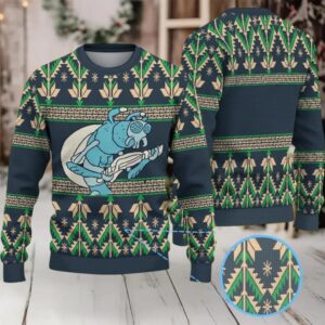 Navy Blue Ugly Christmas Sweater with Green Tree and Beige Snowflake Pattern Featuring Rick and Morty Snowball the Dog