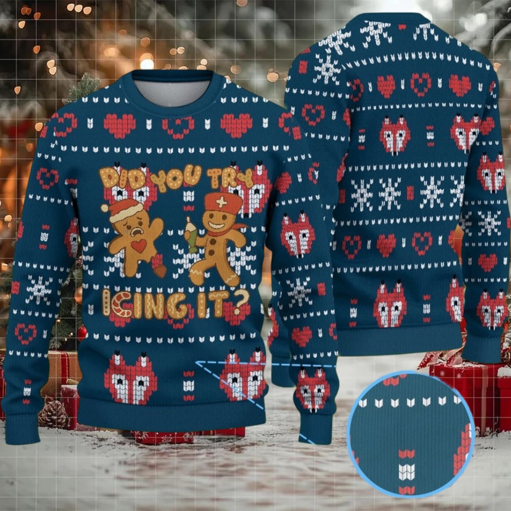 Navy Blue Ugly Christmas Sweater with Red Heart and White Snowflake Pattern Featuring Nurse Gingerbread