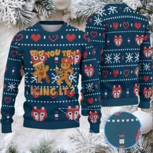 Navy Blue Ugly Christmas Sweater with Red Heart and White Snowflake Pattern Featuring Nurse Gingerbread
