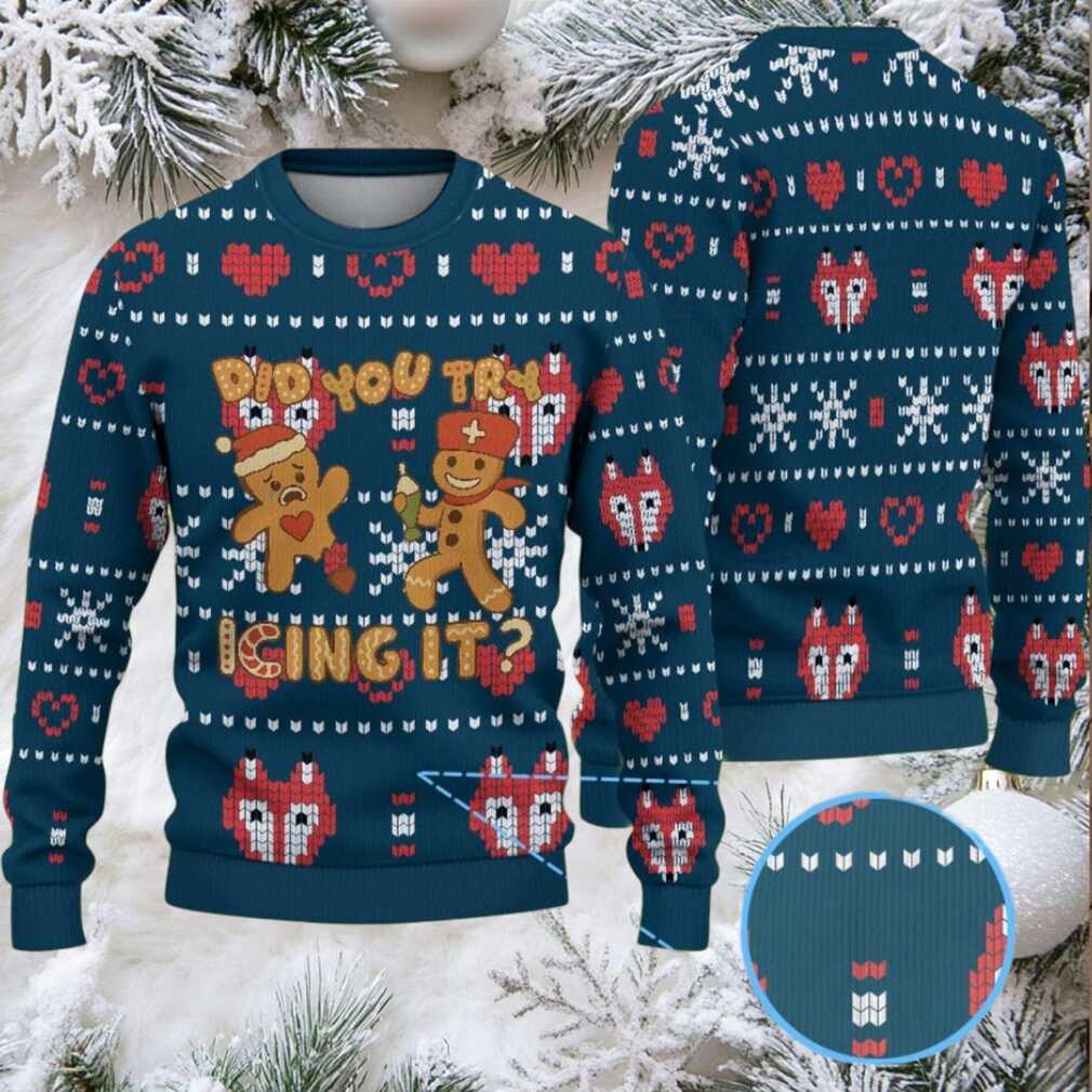 Navy Blue Ugly Christmas Sweater with Red Heart and White Snowflake Pattern Featuring Nurse Gingerbread