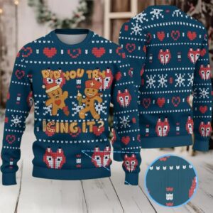 Navy Blue Ugly Christmas Sweater with Red Heart and White Snowflake Pattern Featuring Nurse Gingerbread