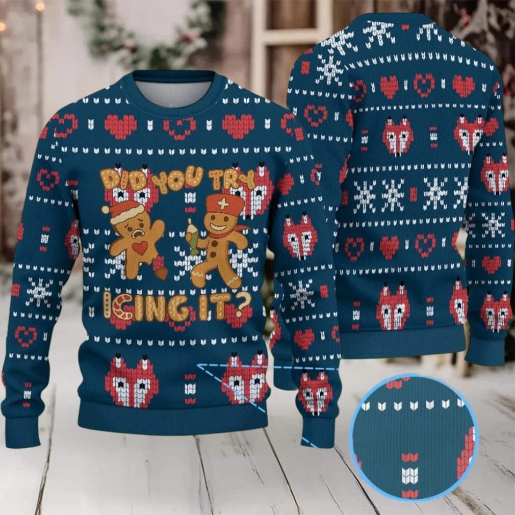 Navy Blue Ugly Christmas Sweater with Red Heart and White Snowflake Pattern Featuring Nurse Gingerbread Navy Blue Ugly Christmas Sweater with Red Heart and White Snowflake Pattern Featuring Nurse Gingerbread