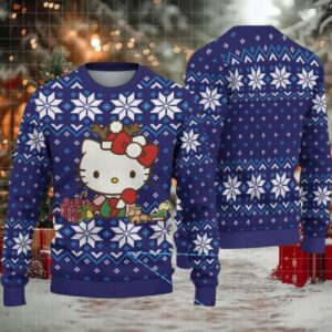 Navy Blue Ugly Christmas Sweater with White Snowflake Pattern Featuring Hello Kitty with Reindeer Antlers and Christmas Gifts