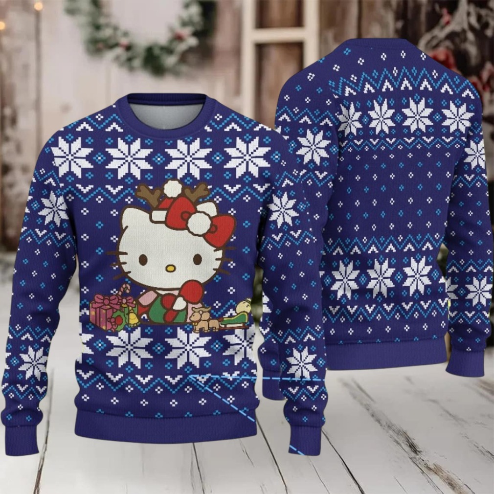 Navy Blue Ugly Christmas Sweater with White Snowflake Pattern Featuring Hello Kitty with Reindeer Antlers and Christmas Gifts Navy Blue Ugly Christmas Sweater with White Snowflake Pattern Featuring Hello Kitty with Reindeer Antlers and Christmas Gifts