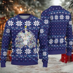 Navy Blue Ugly Christmas Sweater with White Snowflake Pattern Featuring Nurse Theme Christmas Tree with Lights