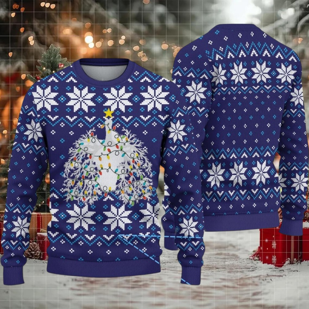 Navy Blue Ugly Christmas Sweater with White Snowflake Pattern Featuring Nurse Theme Christmas Tree with Lights