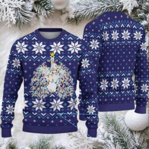 Navy Blue Ugly Christmas Sweater with White Snowflake Pattern Featuring Nurse Theme Christmas Tree with Lights