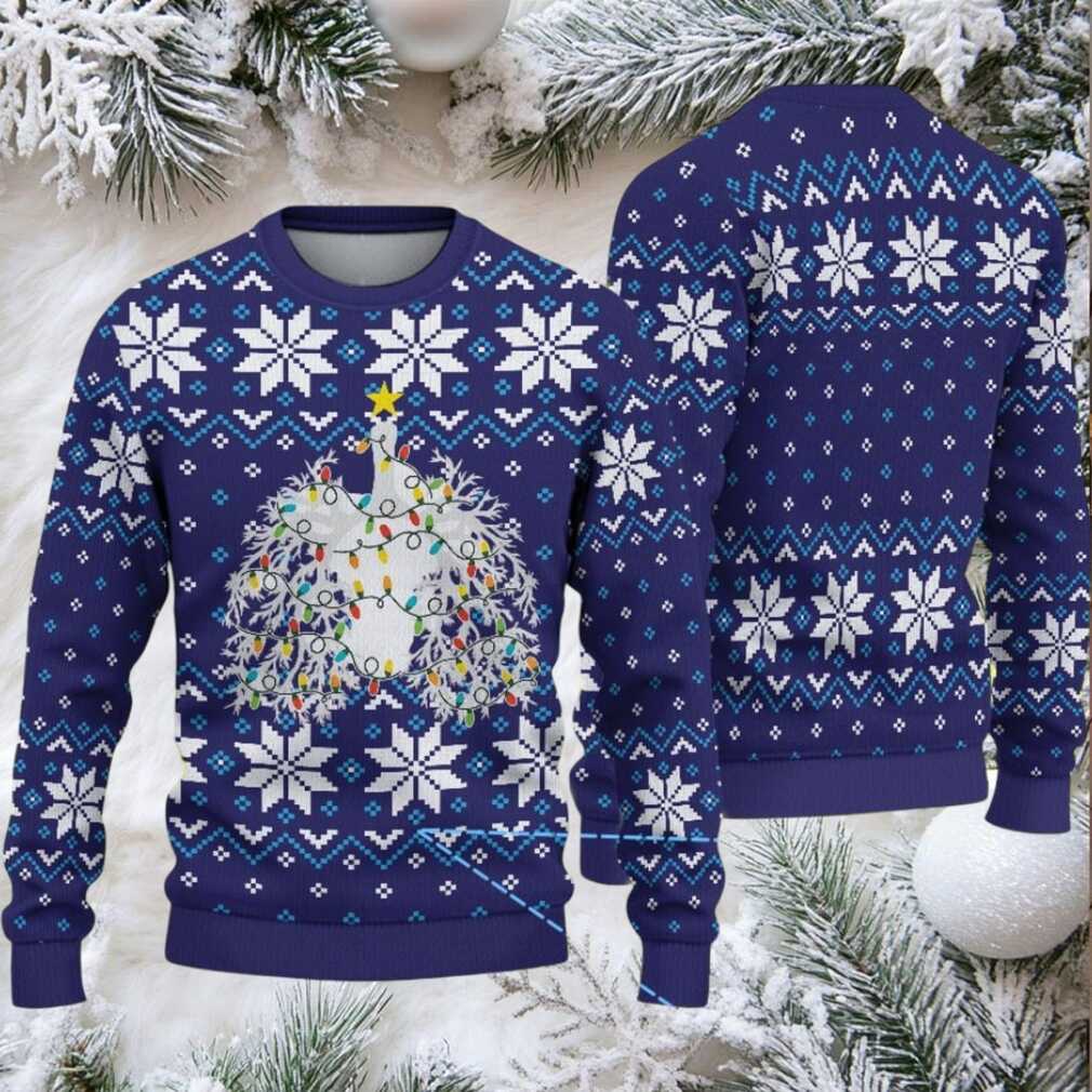 Navy Blue Ugly Christmas Sweater with White Snowflake Pattern Featuring Nurse Theme Christmas Tree with Lights