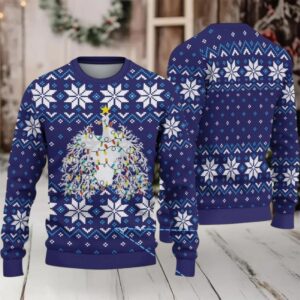 Navy Blue Ugly Christmas Sweater with White Snowflake Pattern Featuring Nurse Theme Christmas Tree with Lights