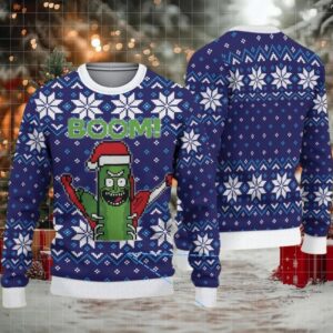 Navy Blue Ugly Christmas Sweater with White Snowflake Pattern Featuring Rick and Morty Pickle Rick Santa