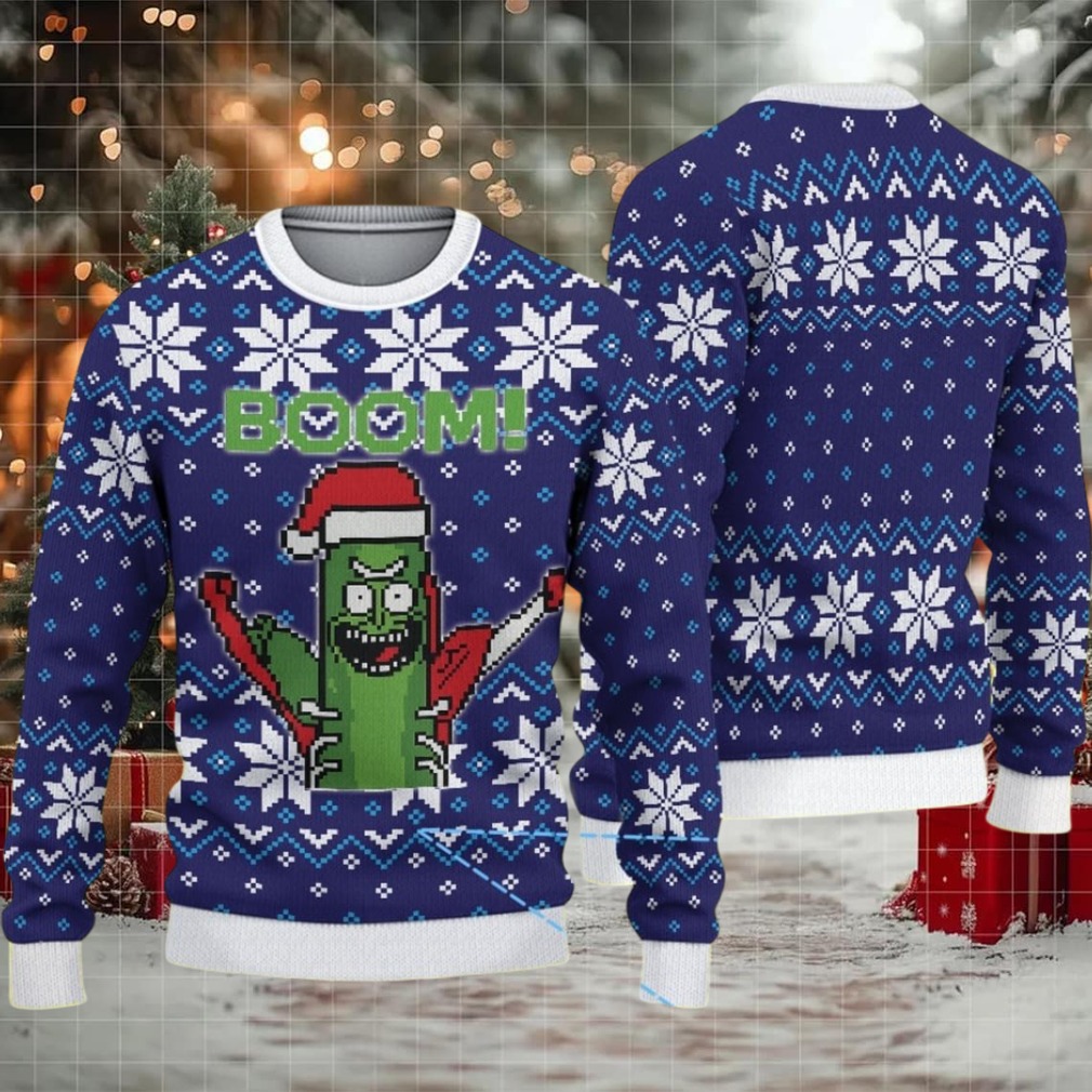 Navy Blue Ugly Christmas Sweater with White Snowflake Pattern Featuring Rick and Morty Pickle Rick Santa