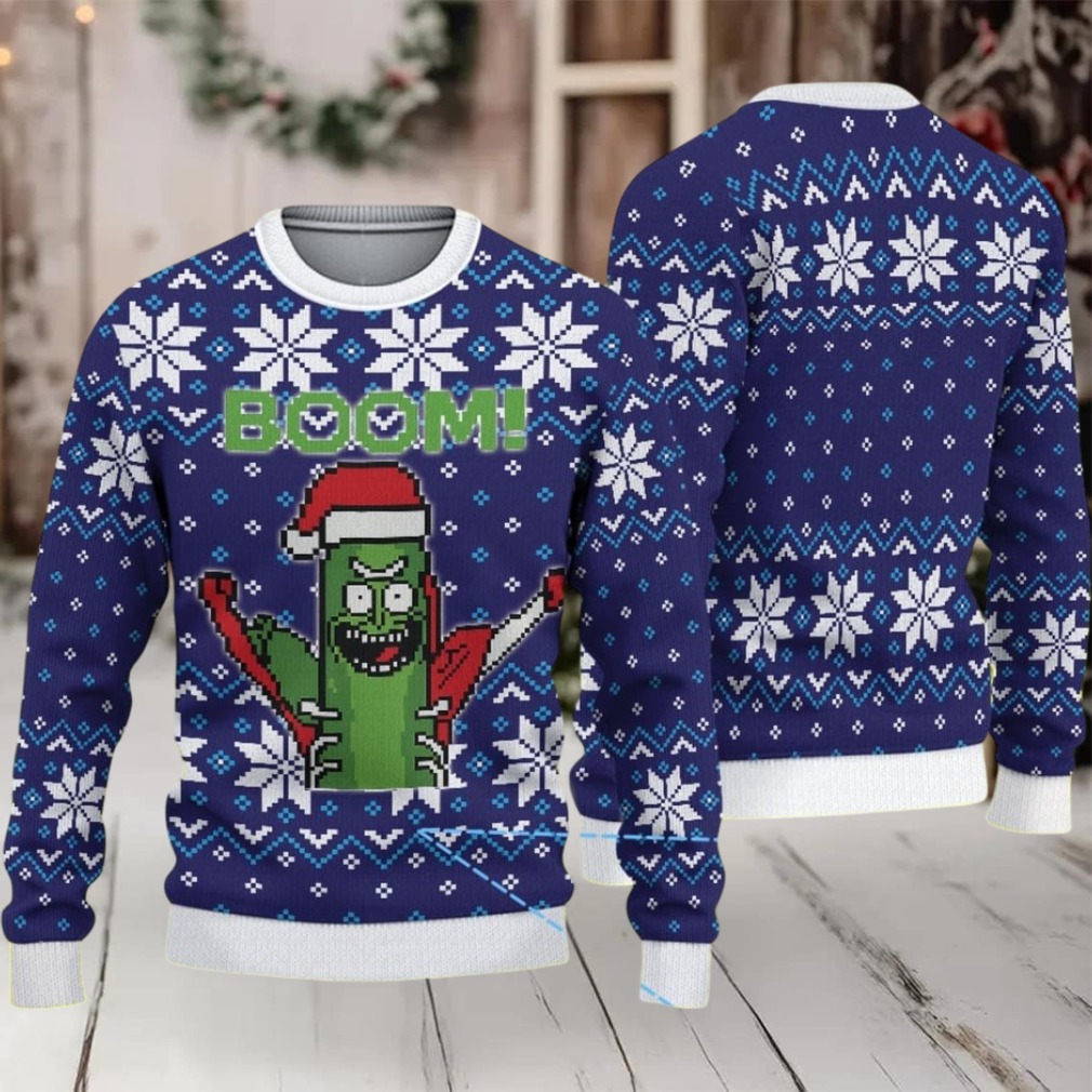 Navy Blue Ugly Christmas Sweater with White Snowflake Pattern Featuring Rick and Morty Pickle Rick Santa Navy Blue Ugly Christmas Sweater with White Snowflake Pattern Featuring Rick and Morty Pickle Rick Santa