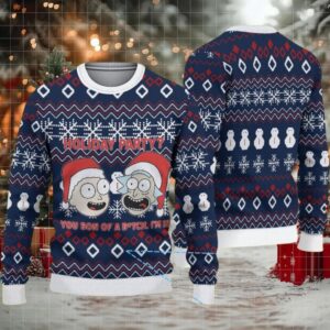 Navy Blue Ugly Christmas Sweater with White Snowflake and Red Geometric Pattern Featuring Rick and Morty Holiday Party