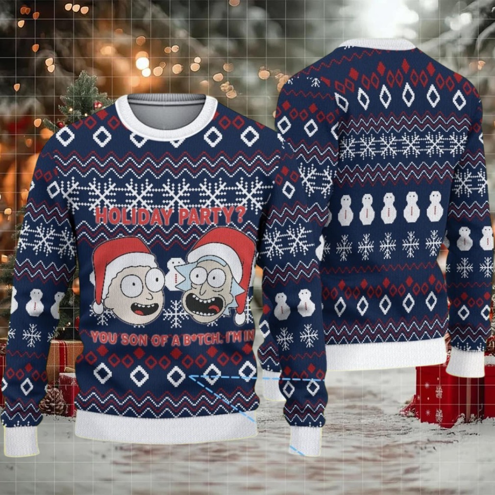 Navy Blue Ugly Christmas Sweater with White Snowflake and Red Geometric Pattern Featuring Rick and Morty Holiday Party