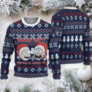Navy Blue Ugly Christmas Sweater with White Snowflake and Red Geometric Pattern Featuring Rick and Morty Holiday Party