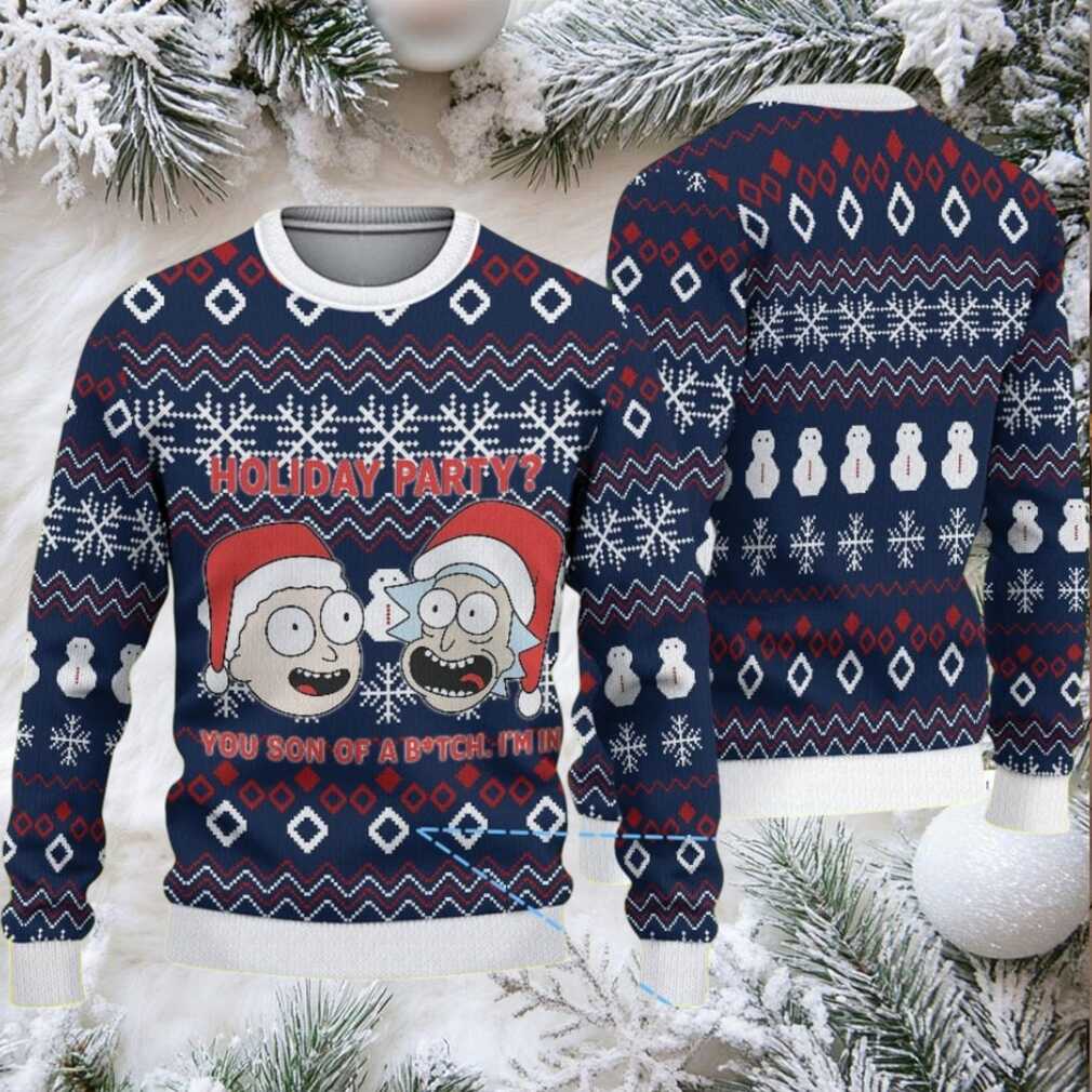Navy Blue Ugly Christmas Sweater with White Snowflake and Red Geometric Pattern Featuring Rick and Morty Holiday Party
