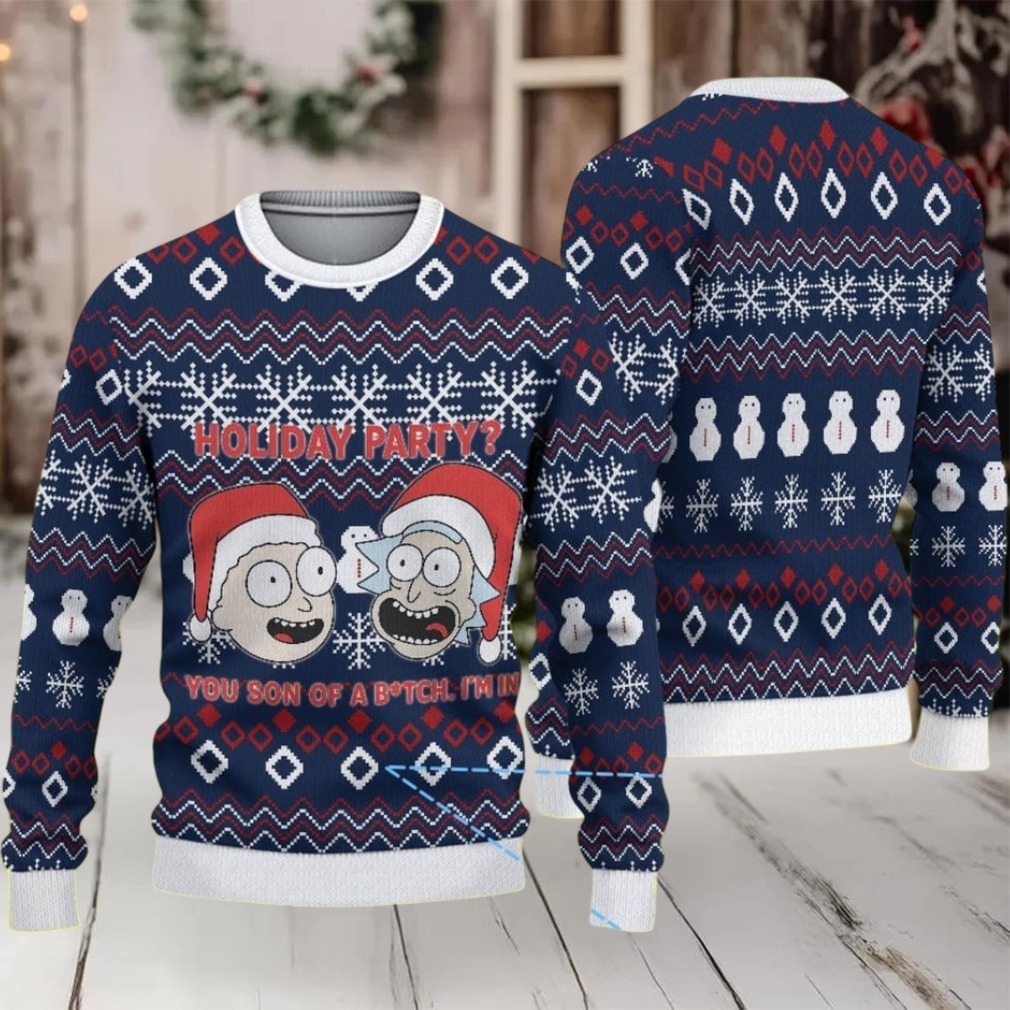 Navy Blue Ugly Christmas Sweater with White Snowflake and Red Geometric Pattern Featuring Rick and Morty Holiday Party Navy Blue Ugly Christmas Sweater with White Snowflake and Red Geometric Pattern Featuring Rick and Morty Holiday Party