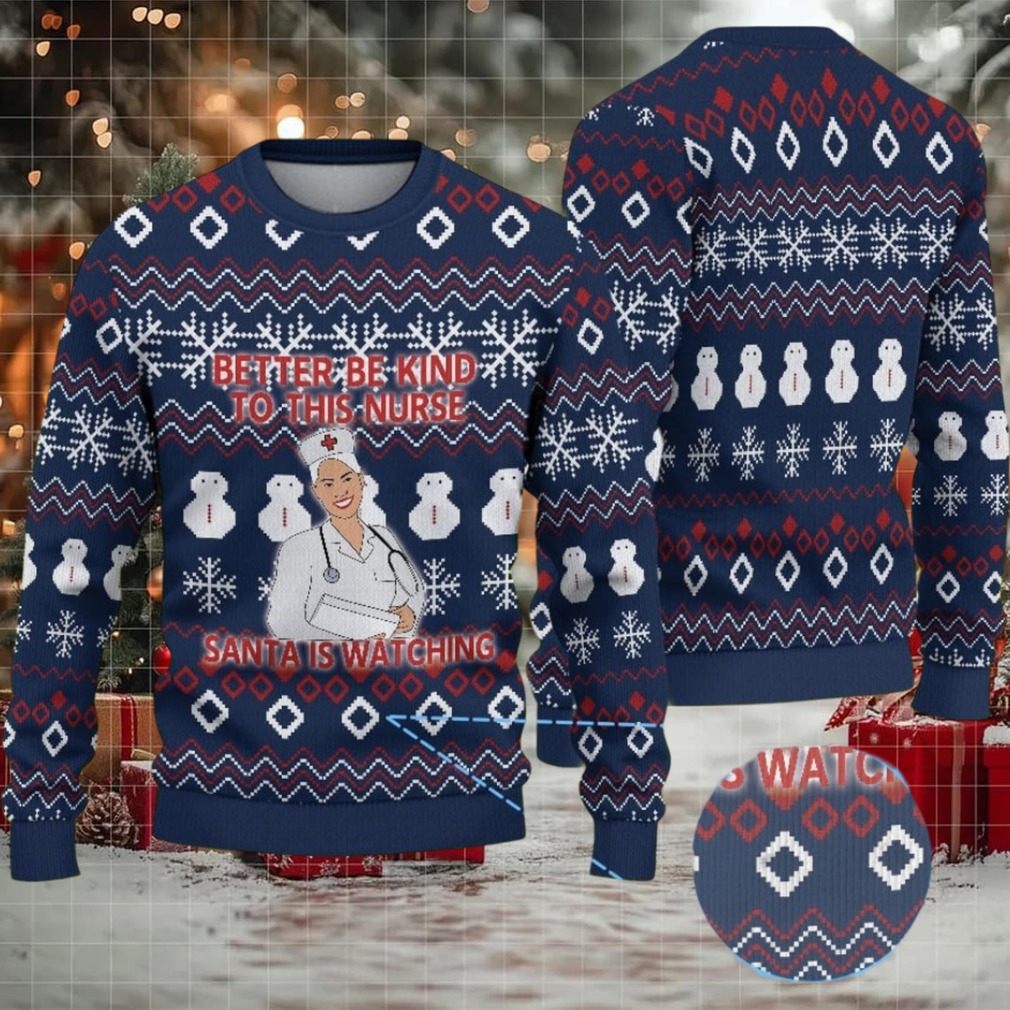 Navy Blue Ugly Christmas Sweater with White Snowflake and Snowman Pattern Featuring Nurse Santa Holiday Navy Blue Ugly Christmas Sweater with White Snowflake and Snowman Pattern Featuring Nurse Santa Holiday
