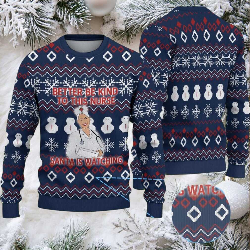 Navy Blue Ugly Christmas Sweater with White Snowflake and Snowman Pattern Featuring Nurse Santa Holiday Navy Blue Ugly Christmas Sweater with White Snowflake and Snowman Pattern Featuring Nurse Santa Holiday
