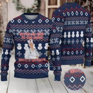 Navy Blue Ugly Christmas Sweater with White Snowflake and Snowman Pattern Featuring Nurse Santa Holiday