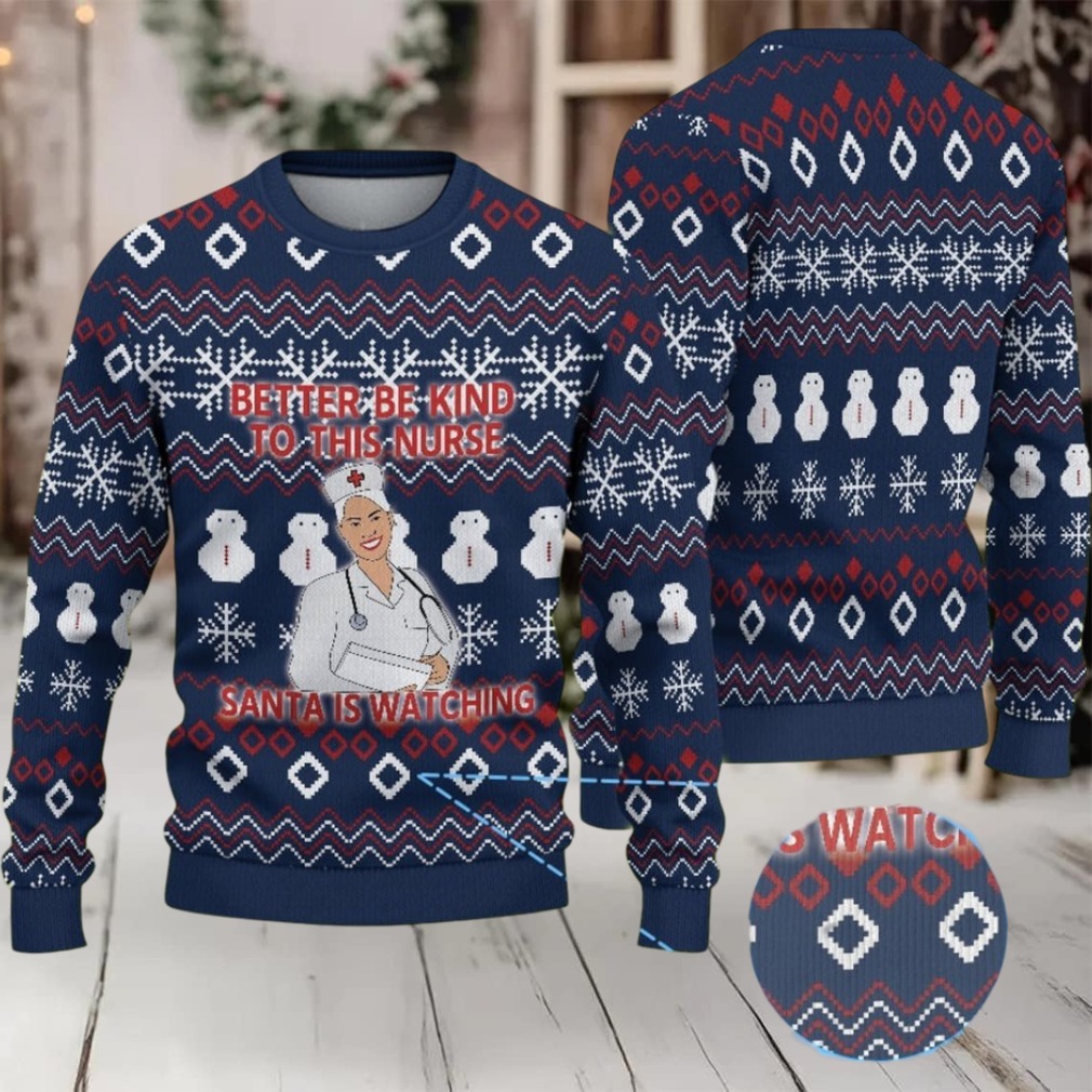 Navy Blue Ugly Christmas Sweater with White Snowflake and Snowman Pattern Featuring Nurse Santa Holiday Navy Blue Ugly Christmas Sweater with White Snowflake and Snowman Pattern Featuring Nurse Santa Holiday