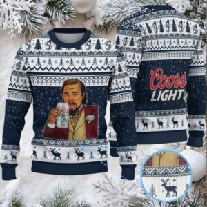 Navy Blue & White Reindeer Pattern “Leonardo Holding Coors Light” Ugly Christmas Sweater – Coors Light Edition