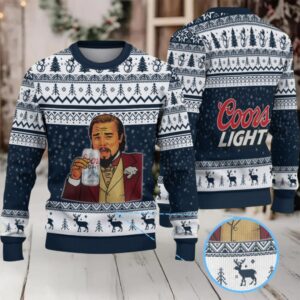 Navy Blue & White Reindeer Pattern “Leonardo Holding Coors Light” Ugly Christmas Sweater – Coors Light Edition
