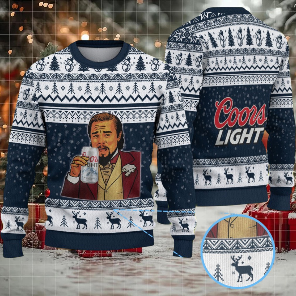 Navy Blue & White Reindeer Pattern “Leonardo Holding Coors Light” Ugly Christmas Sweater – Coors Light Edition Navy Blue & White Reindeer Pattern “Leonardo Holding Coors Light” Ugly Christmas Sweater – Coors Light Edition