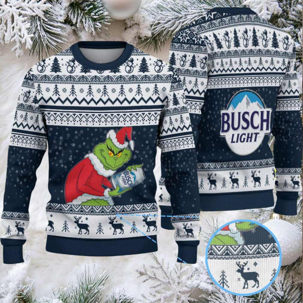 Navy Blue & White Reindeer Snowflake Pattern “Busch Light Grinch Santa” Ugly Christmas Sweater