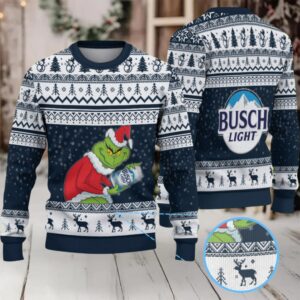 Navy Blue & White Reindeer Snowflake Pattern “Busch Light Grinch Santa” Ugly Christmas Sweater
