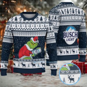 Navy Blue & White Reindeer Snowflake Pattern “Busch Light Grinch Santa” Ugly Christmas Sweater
