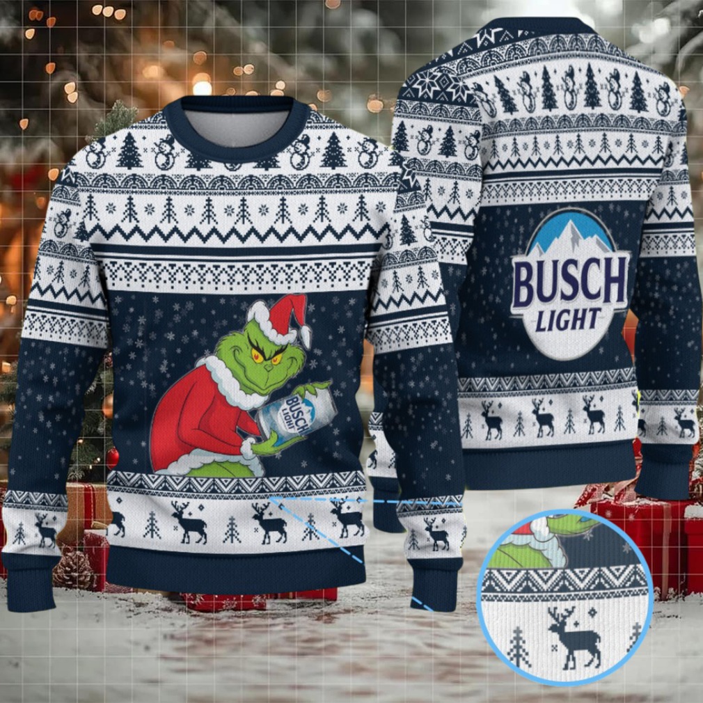 Navy Blue & White Reindeer Snowflake Pattern “Busch Light Grinch Santa” Ugly Christmas Sweater Navy Blue & White Reindeer Snowflake Pattern “Busch Light Grinch Santa” Ugly Christmas Sweater