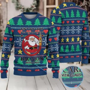 Navy Christmas Tree & Snowflake Fair Isle Bacardi “With Claus” Ugly Christmas Sweater
