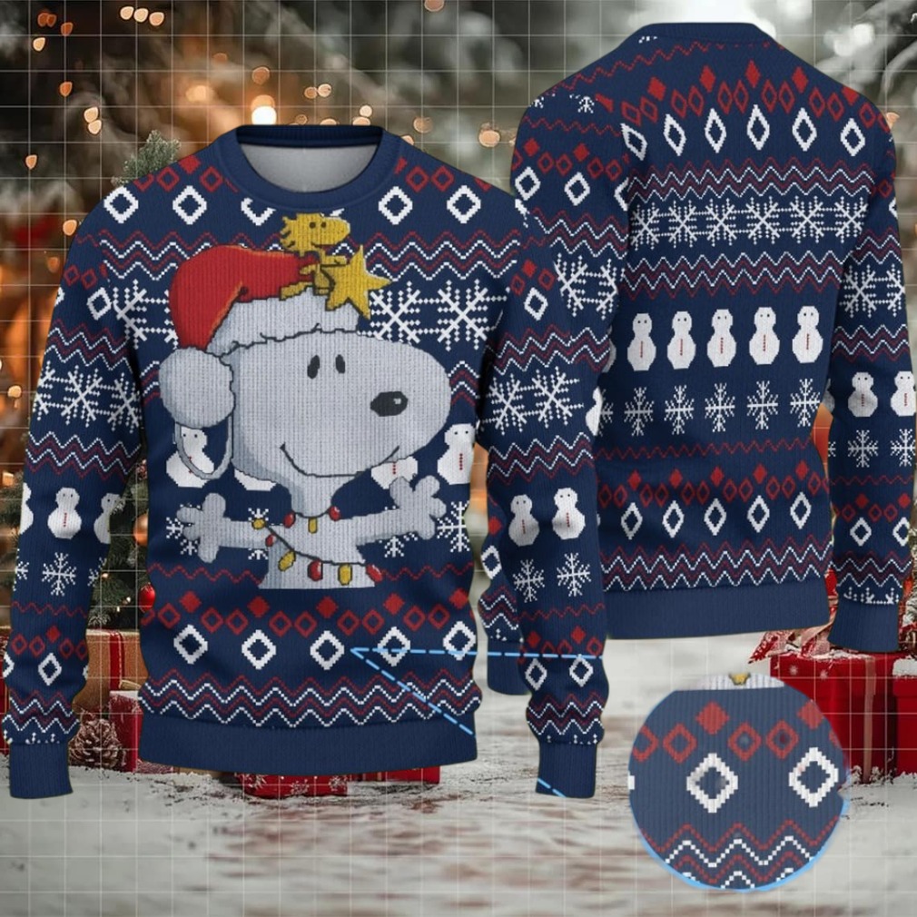 Navy Fair Isle Ugly Christmas Sweater Snoopy with Santa Hat and Woodstock Snowflake Diamond and Snowman Pattern