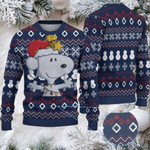 Navy Fair Isle Ugly Christmas Sweater Snoopy with Santa Hat and Woodstock Snowflake Diamond and Snowman Pattern