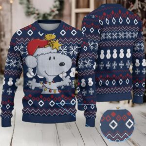 Navy Fair Isle Ugly Christmas Sweater Snoopy with Santa Hat and Woodstock Snowflake Diamond and Snowman Pattern