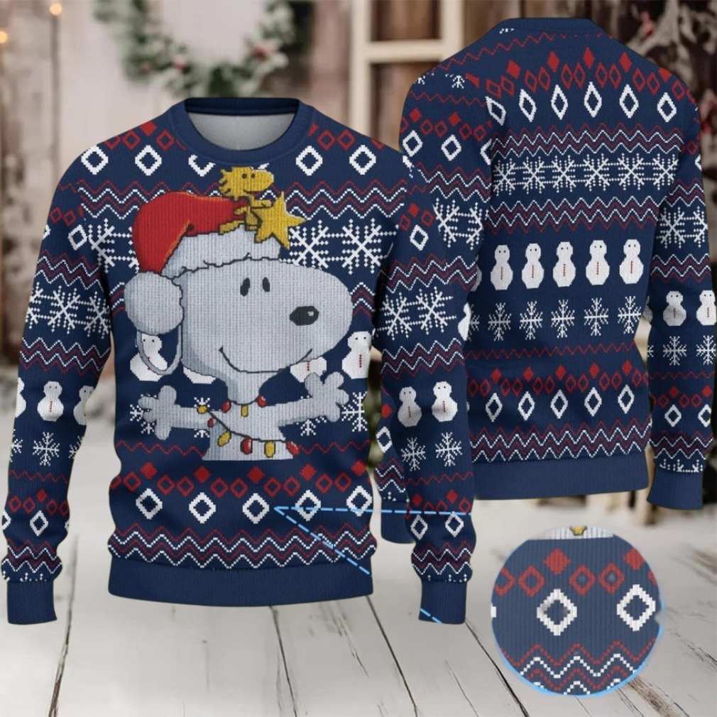 Navy Fair Isle Ugly Christmas Sweater Snoopy with Santa Hat and Woodstock Snowflake Diamond and Snowman Pattern Navy Fair Isle Ugly Christmas Sweater Snoopy with Santa Hat and Woodstock Snowflake Diamond and Snowman Pattern