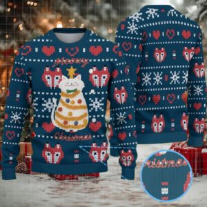 Navy Fair Isle Ugly Christmas Sweater Stranger Things Meowy Christmas Cat Fox and Snowflake Pattern