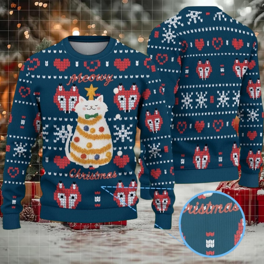 Navy Fair Isle Ugly Christmas Sweater Stranger Things Meowy Christmas Cat Fox and Snowflake Pattern Navy Fair Isle Ugly Christmas Sweater Stranger Things Meowy Christmas Cat Fox and Snowflake Pattern